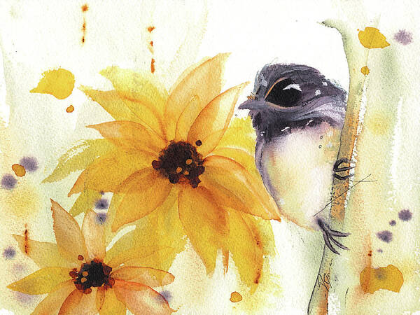 Watercolor Poster featuring the painting Chickadee and Sunflowers by Dawn Derman