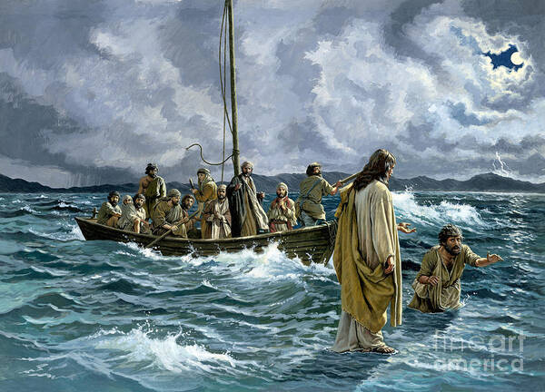 Christ Poster featuring the painting Christ walking on the Sea of Galilee by English School