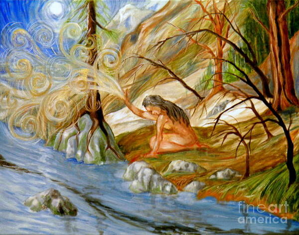 Female Woman Landscape River Trees Forest Rocks Sky Moon Light Shadow Surrealistic Branches Roots Blue White Orange Green Yellow Brown Black Grey Swirls Symbolic Poster featuring the painting Clay Woman by Ida Eriksen