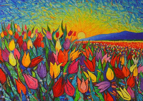 Tulip Poster featuring the painting Colorful Tulips Field Sunrise - Abstract Impressionist Palette Knife Painting By Ana Maria Edulescu by Ana Maria Edulescu