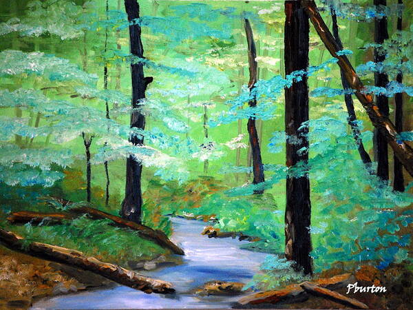 Mountain Stream Water Serenity Nature Plien Air Woods Landscape Wallow Trails Trees Foilage Summer Poster featuring the painting Cool Mountain Stream by Phil Burton