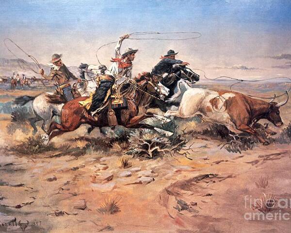 Cowboys Poster featuring the painting Cowboys roping a steer by Charles Marion Russell