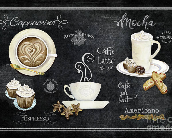 Coffee Art Poster featuring the painting Deja Brew Chalkboard Coffee Cappuccino Mocha Caffe Latte by Audrey Jeanne Roberts