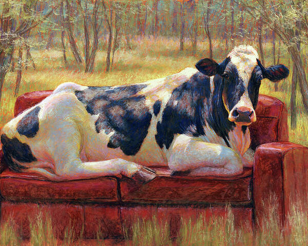 Cow Holstein Woods Landscape Animals Goddess Sunlight Bovine Pastel Black White Poster featuring the pastel Diva Bovina by Rita Kirkman