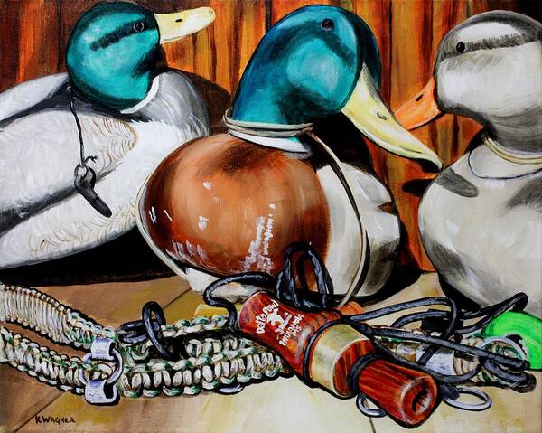 Duck Calls Poster featuring the painting Duck Decoys and Call Still Life by Karl Wagner