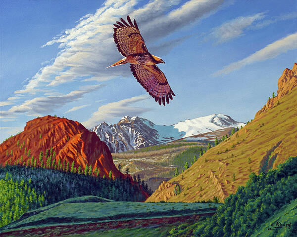 Red-tailed Hawk Poster featuring the painting Electric Peak with Hawk by Paul Krapf