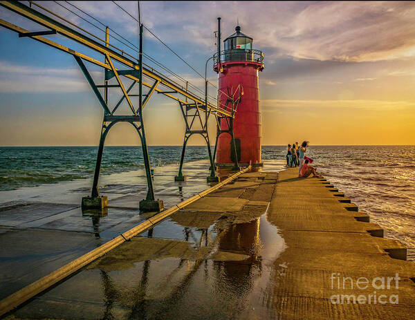 Lighthouse. Great Lakes. Lake Michigan Poster featuring the photograph Evening at South Haven Light by Nick Zelinsky Jr