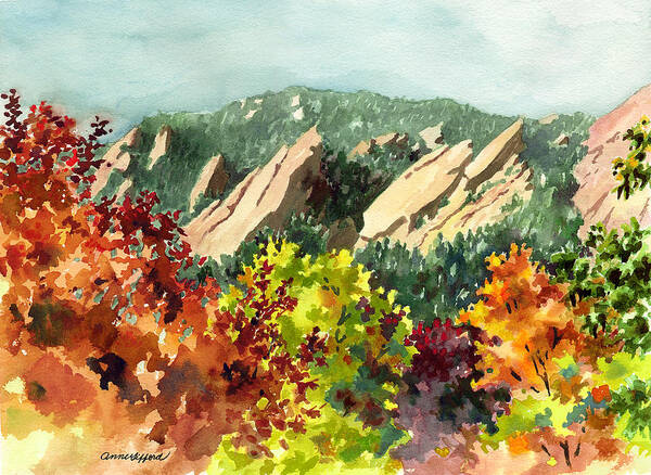 Red Leaves Art Poster featuring the painting Fall Flatirons by Anne Gifford