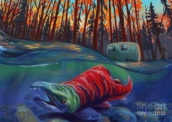 Fishing Painting Poster featuring the painting Fall Salmon fishing by Sassan Filsoof