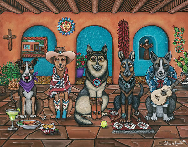 Dogs Poster featuring the painting Fiesta Dogs by Victoria De Almeida