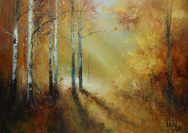Russian Artists New Wave Poster featuring the painting Golden Light in Autumn Woods by Igor Medvedev