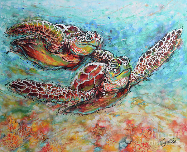 Marine Turtles Poster featuring the painting Sea Turtle Buddies by Jyotika Shroff