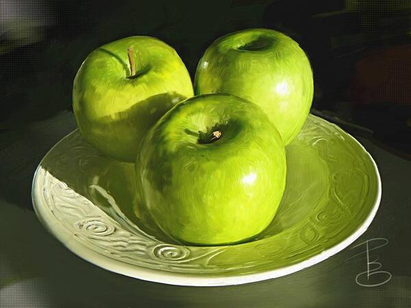 Apple Poster featuring the digital art Green apples in a white bowl by Debra Baldwin