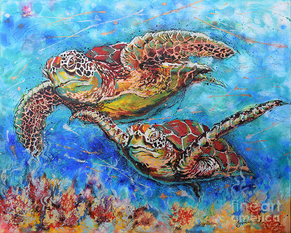Marine Turtles Poster featuring the painting Green Sea Turtles by Jyotika Shroff