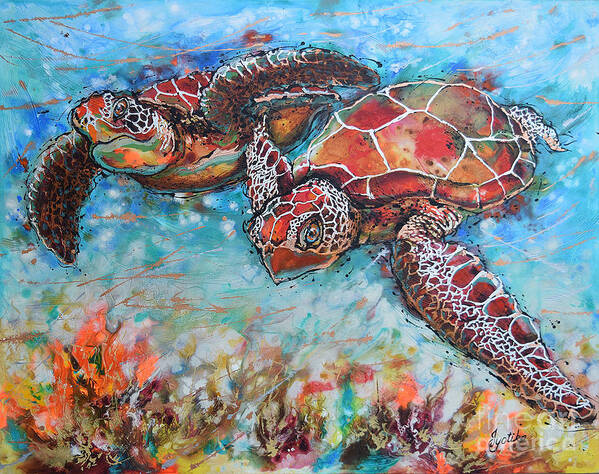 Marine Turtles Poster featuring the painting Hawksbill Sea Turtles by Jyotika Shroff