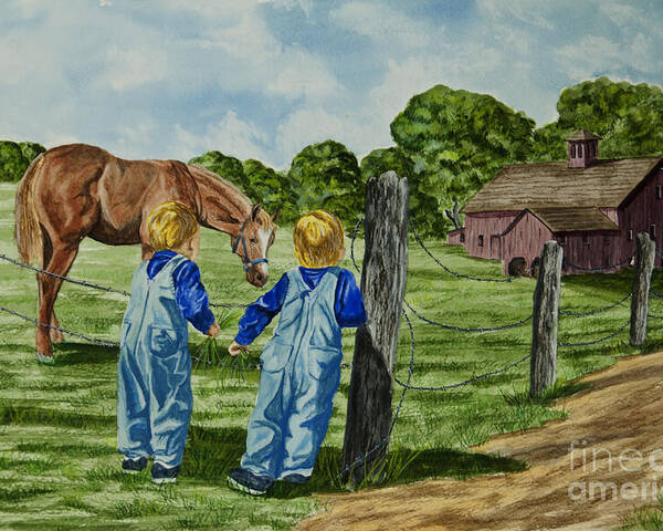 Country Kids Art Poster featuring the painting Here Horsey Horsey by Charlotte Blanchard