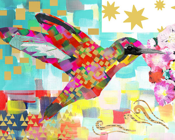 Humming Bird Collage Poster featuring the mixed media Humming Bird by Claudia Schoen