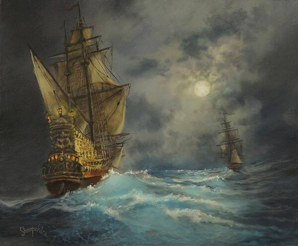 Pirate Ship Poster featuring the painting In Pursuit by Tom Shropshire
