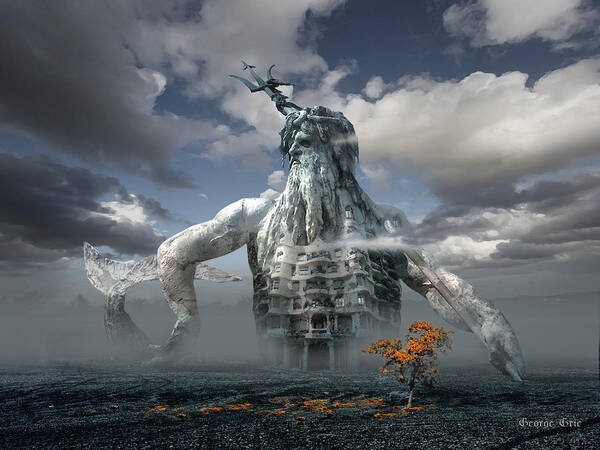 Poseidon God Greek Roman Sculpture Antonio Gaudi Modernism Contemporary Surrealism Building Allegorical Poster featuring the digital art Inadvertent Metamorphosis or King of my Castle by George Grie