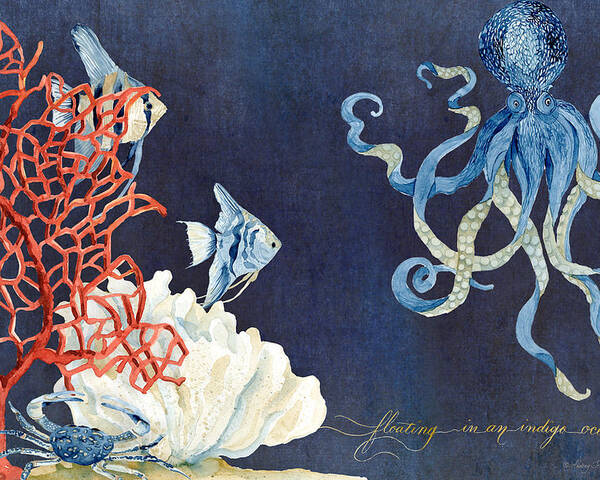 Octopus Poster featuring the painting Indigo Ocean - Floating Octopus by Audrey Jeanne Roberts