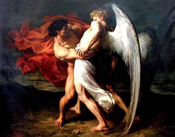 Jacob Wrestling With The Angel Poster featuring the painting Jacob Wrestling with the Angel by Alexander Louis Leloir