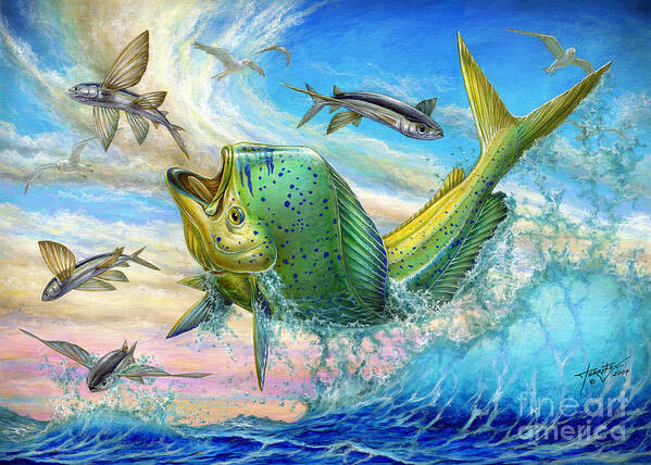 Flyingfish Poster featuring the painting Jumping Mahi Mahi And Flyingfish by Terry Fox