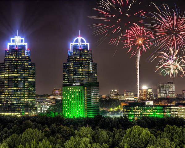 Sandy Springs Poster featuring the photograph King And Queen Buildings Fireworks by Anna Rumiantseva