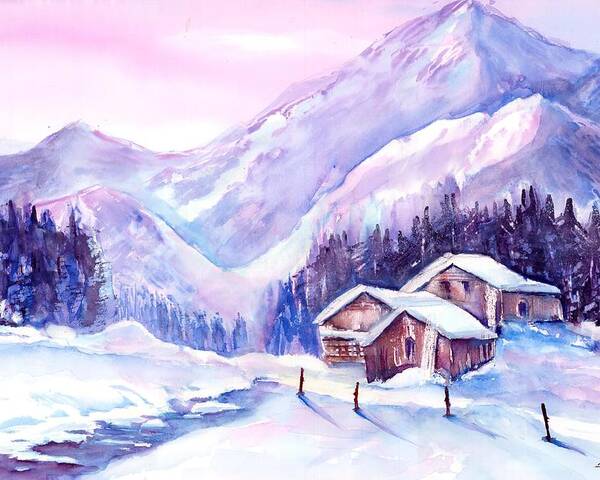 Swiss Mountains Watercolor Poster featuring the painting Swiss Mountain cabins in snow by Sabina Von Arx
