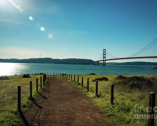 Bridge Poster featuring the photograph Lonely path with the golden gate bridge in the background by Amanda Mohler