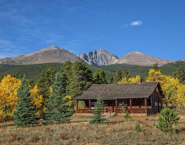 Log Cabin Poster featuring the photograph Long's Peak by Ronald Lutz