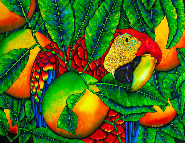 Scarlet Macaw Poster featuring the painting Macaw and Oranges - Exotic Bird by Daniel Jean-Baptiste