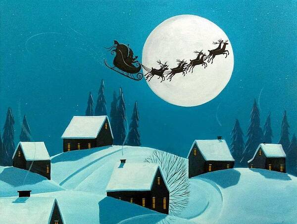 Art Poster featuring the painting Magical Night - Santa reindeer Christmas landscape by Debbie Criswell