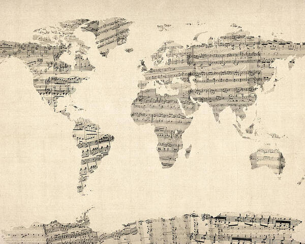 World Map Poster featuring the digital art Map of the World Map from Old Sheet Music by Michael Tompsett