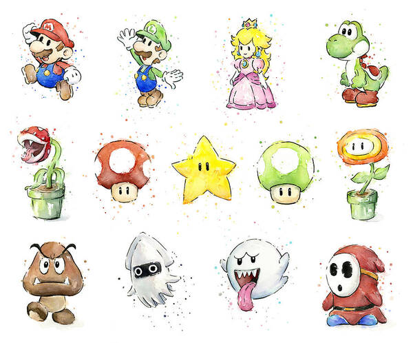 Mario Poster featuring the painting Mario Characters in Watercolor by Olga Shvartsur