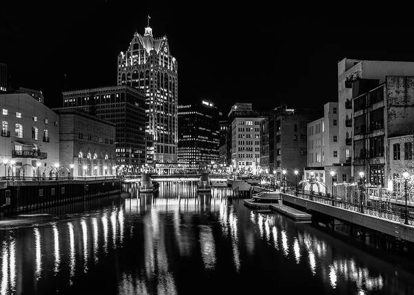 Monochrome Poster featuring the photograph Milwaukee at Night by John Roach