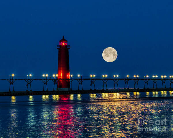 Grand Haven Poster featuring the photograph Moon over Grand Haven by Nick Zelinsky Jr