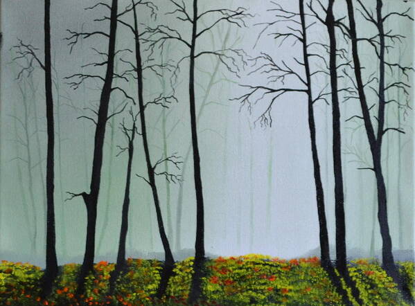 This Is A Landscape Painting Of A Foggy Wooded Area. The Light Is Coming Through A Foggy Area Of The Background. I Used A Light Colored Back Ground To Give The Painting Depth And Contrast. The Trees Don't Have Leaves And Are Casting A Shadow On The Forest Floor. The Ground Is Covered With Fresh Flowers And Green Grass. This Is An Affordable Oil Painting And Would Look Great In Any Room. Poster featuring the painting Morning Fog by Martin Schmidt
