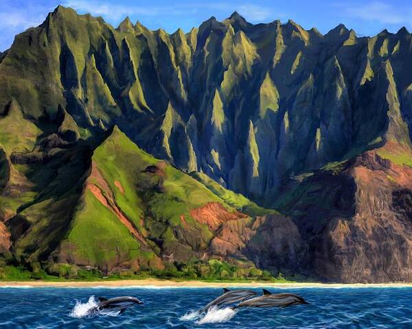 Na Pali Poster featuring the painting Na Pali Coast with Dolphins by Stephen Jorgensen