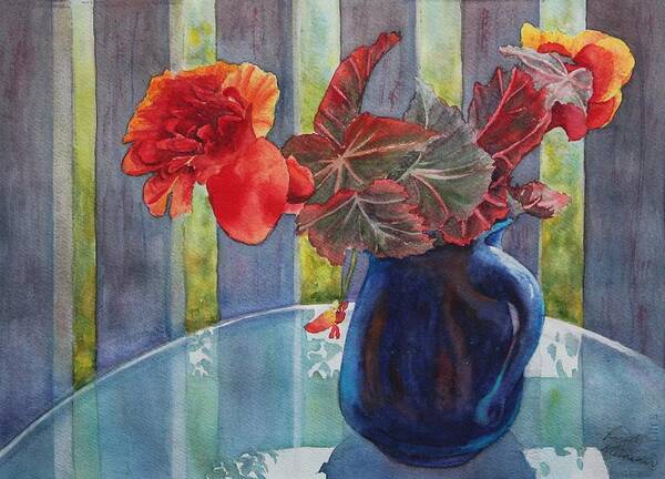 Blue Jug Poster featuring the painting Nancy's Begonias by Ruth Kamenev