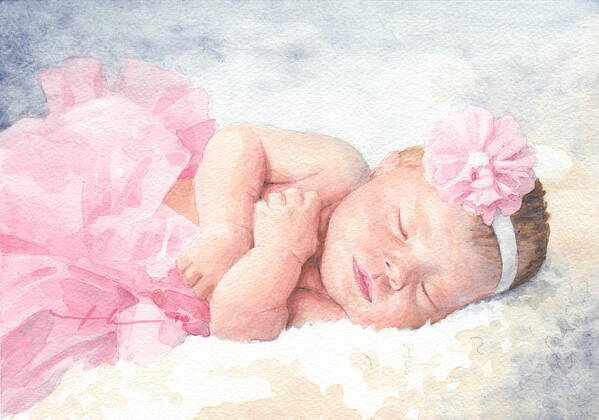 <a Href=http://miketheuer.com Target =_blank>www.miketheuer.com</a> Newborn Girl Asleep In A Tutu Watercolor Portrait Poster featuring the drawing Newborn Girl Asleep In A Tutu by Mike Theuer