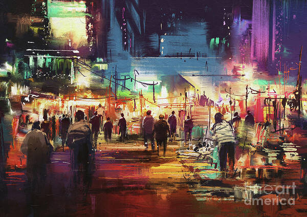 Abstract Poster featuring the painting Night Market by Tithi Luadthong
