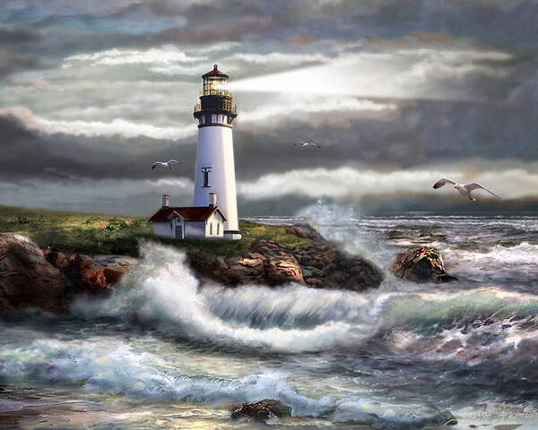 Evening Seascape Poster featuring the painting Oregon Lighthouse Beam of hope by Regina Femrite