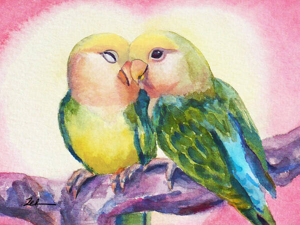 Lovebirds Poster featuring the painting Peach-faced Lovebirds by Janet Zeh
