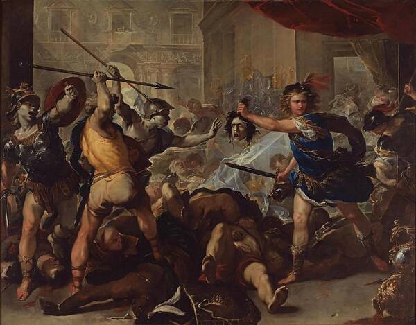 Luca Giordano Poster featuring the painting Perseus fights Phineas by Luca Giordano