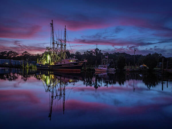 Boat Poster featuring the photograph Pink Clouds Frame a Shrimp Boat by Brad Boland