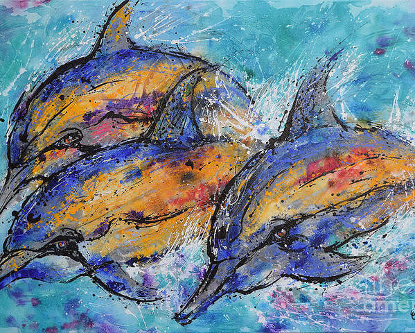 Dolphins Poster featuring the painting Playful Dolphins by Jyotika Shroff