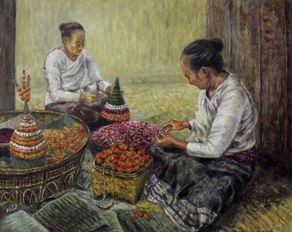 Luang Prabang Poster featuring the painting Preparing Flowers Offerings by Sompaseuth Chounlamany