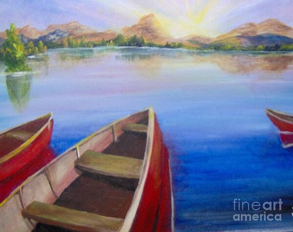 Landscape Poster featuring the painting Red Boats at Sunrise by Saundra Johnson
