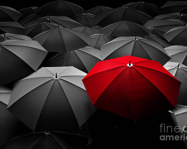 opdagelse Bloom fysiker Red umbrella stand out from the crowd of many black and white umbrellas  Poster by Michal Bednarek - Fine Art America