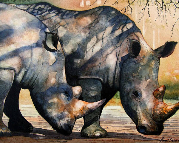 Rhino Poster featuring the painting Rhinos in dappled shade. by Paul Dene Marlor